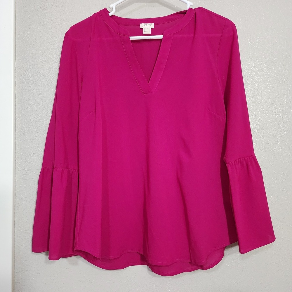 J Crew Top Women's Size Medium Blouse Pink Bell Long Sleeve V Neck Sheer Career